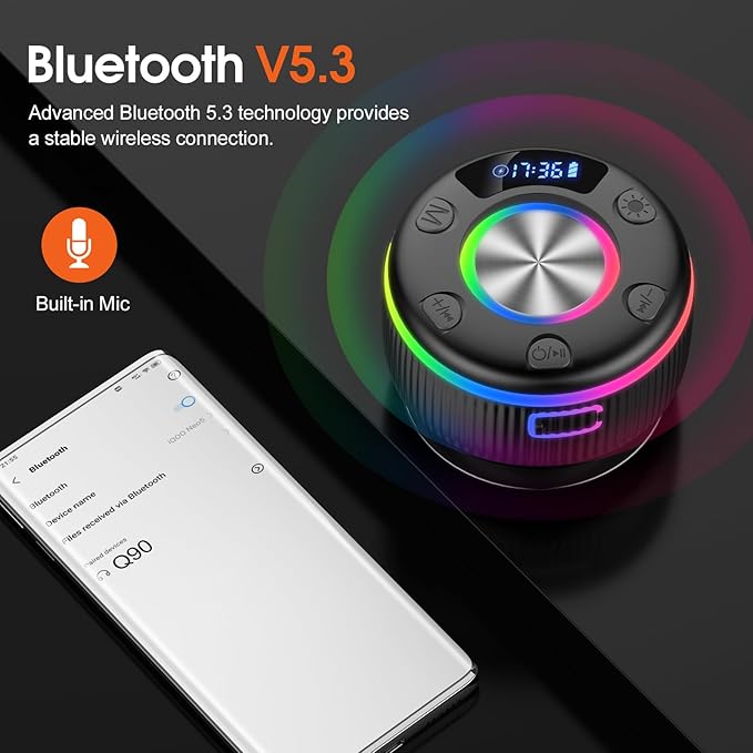 Bluetooth Shower Speaker, Portable Bluetooth 5.3 Speakers Wireless with Time Display, IP7 Waterproof Speakers with RGB Light, Suction Cup, Mini Stereo Speaker for Bathroom Party Travel Beach Outdoor