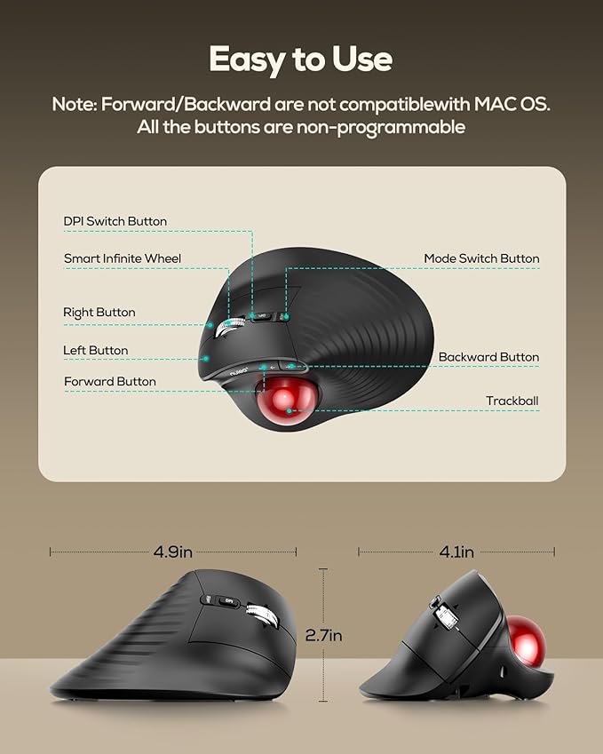 Nulea M514 Wireless Trackball Mouse - Reduce Wrist Strain with Ergonomic Vertical Design - Precision Thumb Control, Quiet Clicks, 3-Device Bluetooth & USB, Rechargeable for PC/Mac