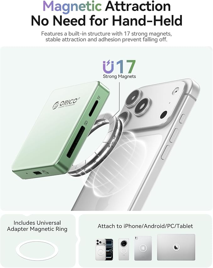 ORICO Magnetic M.2 2230/2242 NVMe SSD Enclosure for iPhone 4K ProRes Recording ith SD/TF 3.0 Card Reader PD100W Charging Port, Support for iPhone 15/16/17 Series Laptop Tablet- Diskless AP42F Green