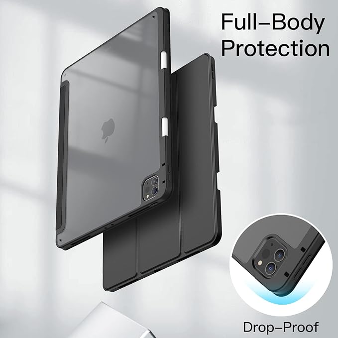 JETech Case for iPad Pro 12.9-Inch (2022/2021/2020/2018) with Pencil Holder, Clear Transparent Back Shell Slim Stand Shockproof Tablet Cover, Auto Wake/Sleep (Black)