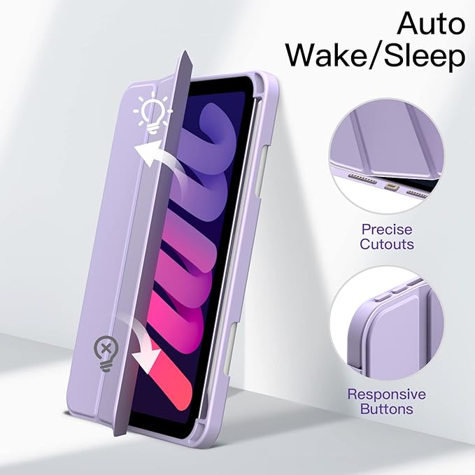 JETech Case for iPad mini (A17 Pro, 2024 Model, 7th Generation) / mini 6 (2021 Model, 6th Generation) with Pencil Holder, Clear Back Shell Slim Stand Tablet Cover, Auto Wake/Sleep (Purple)