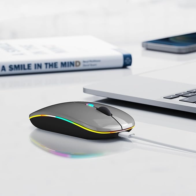 Wireless Bluetooth Mouse, Rechargeable, LED, Silent, Ultra-thin Design (Bluetooth 5.2 and 2.4GHz USB Receiver) | Portable Computer Mouse for Laptops, iPads, MacBooks and Apple Devices (Grey)