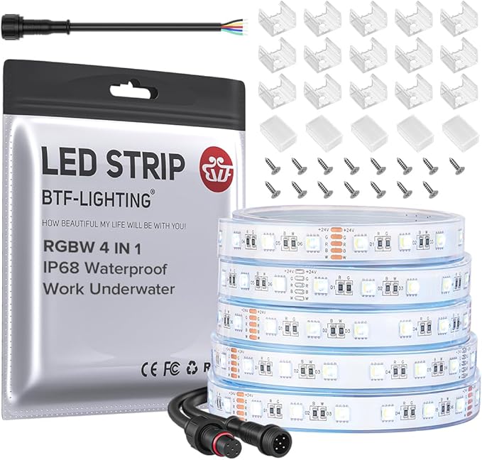 BTF-LIGHTING IP68 Waterproof Outdoor RGBW LED Strip 5050SMD RGB+Cool White(6000K-7000K) 4 Color in 1 DC24V 5m 16.4ft 60LED/m Multi-Colored Light White PCB Can Work Outdoor(No Adapter or Controller)
