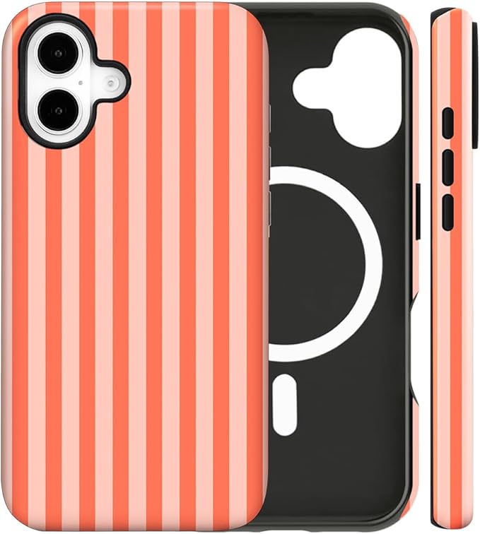 Magnetic for iPhone 17 Case Cute Stripes Phone Case, Shockproof Slim TPU and Hard PC Protective Phone Cover Compatible with MagSafe Designed for Women Girls, Deep Orange