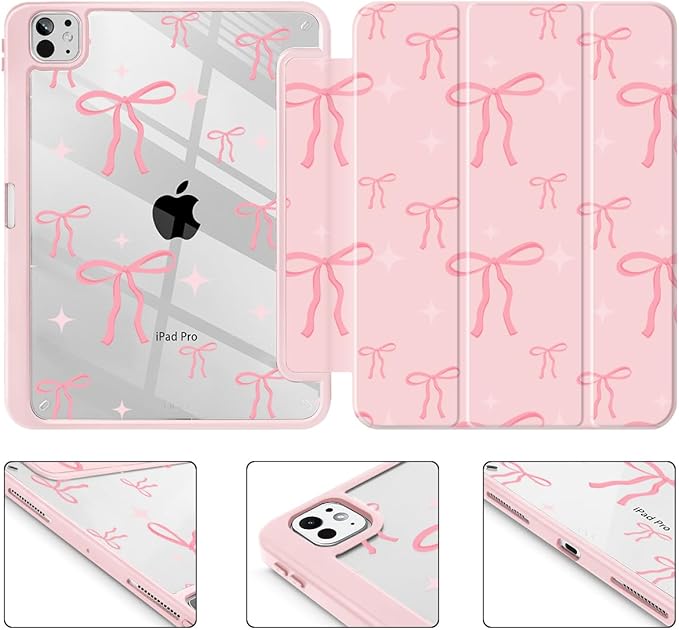 May Chen Case for iPad Pro 11-Inch M5/M4 2025/2024 (6th/5th Generation), Clear Transparent Print Back Shell Slim Stand Shockproof Tablet Cover, Auto Wake/Sleep, Pink Bows P721