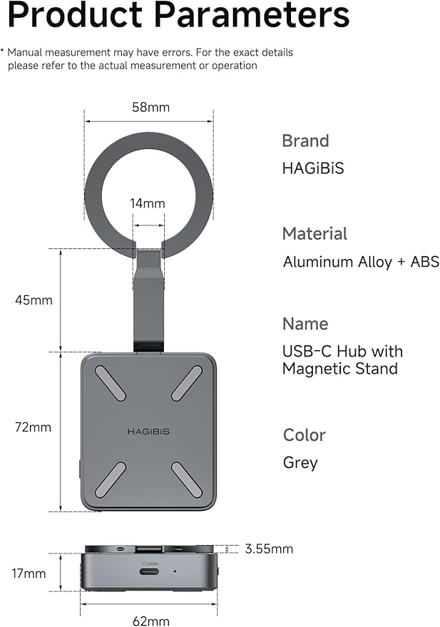 Hagibis Magnetic USB C Hub with M.2 NVMe 2230 SSD Enclosure and Magsafe Stand Holder for iPhone 17 16 15 Pro Max, Portable Type-C Docking Station 100W PD, 10Gbps USB3.2, SD/Micro SD3.0 (CMC10MC)