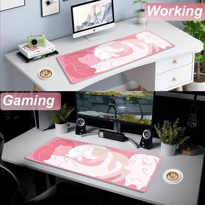 Gaming Mouse Pad XXL Extended Anime Mouse Pad 31.5x15.7 inch, Large Cute Kawaii Big Computer Mouse Mat Desk Pad with Non-Slip Rubber Base and Stitched Edge for Home Office-Pink Cat