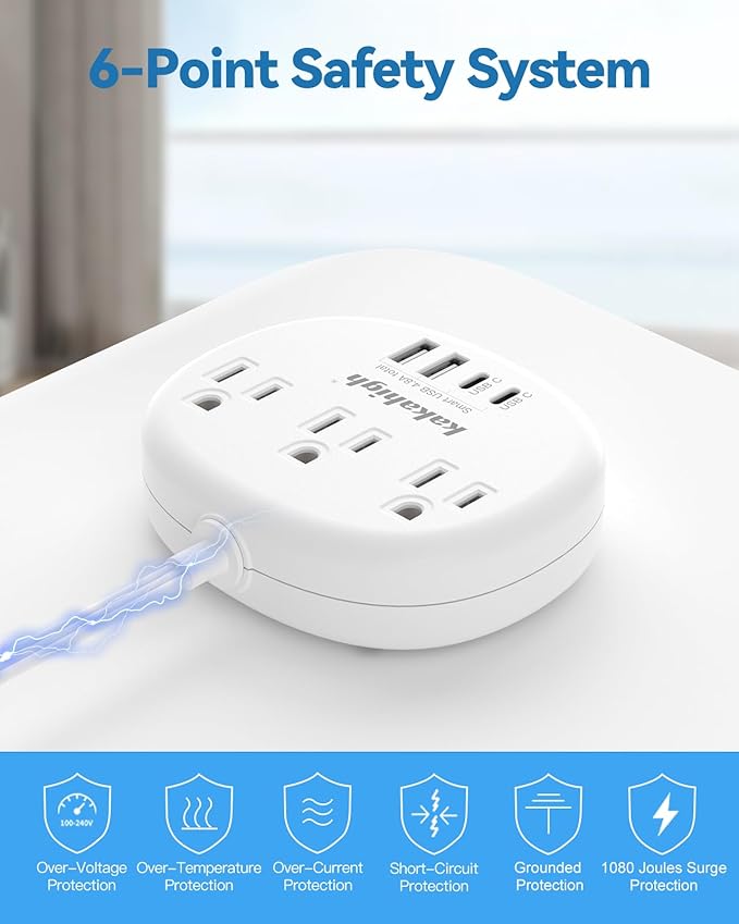Flat Extension Cord with Outlet Cover & Cable Clips- 5 FT, 1625W Child Proof Extension Cord with 3 AC Outlet 4 USB (24W/4.8A), Flat 90 Degree Power Strip for Behind Furniture Couch Sofa TV, etc