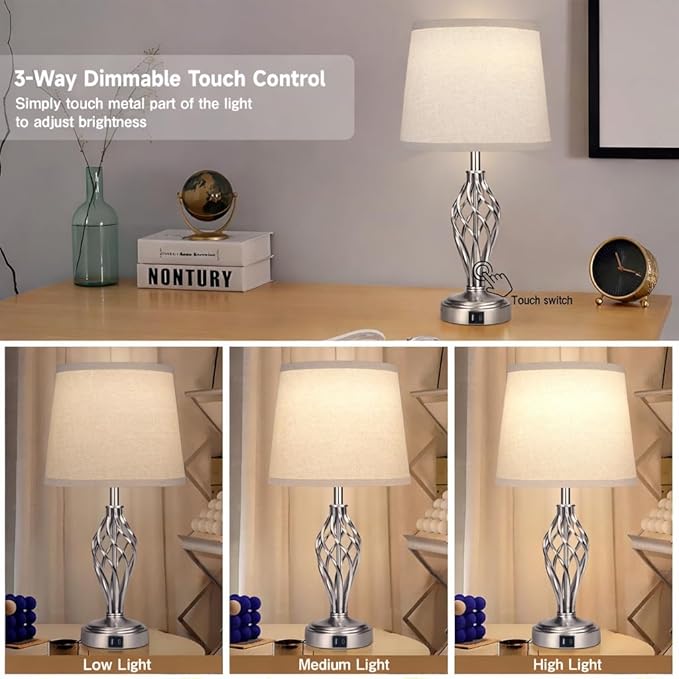 Ruiever Touch Table Lamps Set of 2, nightstand lamp with USB Ports Bedside 3 Way Touch dimmer Desk lamp for Living Room Bedroom,Nickel Plated Spiral cage Base Design Warm White dimmer Bulbs Included