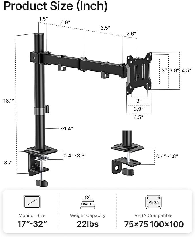monTEK Extra-Long Single Monitor Mount for 17-32 inches Screen, Fully Adjustable Articulating Desk Monitor Stand up to 22lbs Capacity, Computer Mount with C Clamp and Grommet Base, Max VESA 100x100mm