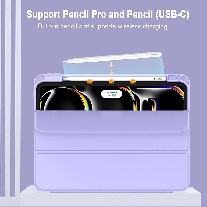 ZryXal New iPad Pro 13 Inch Case (M5) 2025 / (M4) 2024 with Pencil Holder, Smart iPad Case [Support Pencil Pro and Pencil (USB-C)], Support Touch ID and Auto Wake/Sleep (Light Purple)