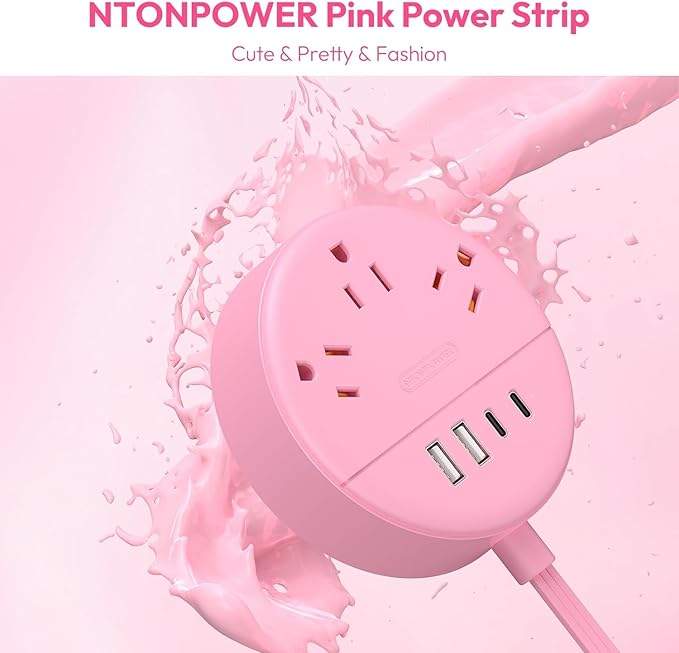 Pink 2 Prong Power Strip with USB C, NTONPOWER Pink Extension Cord 10 FT, 2 Prong to 3 Prong Outlet Adapter, 180° Rotatable Plug, 3 Outlets 4 USB Ports, Non-Grounded Outlets for Vanity Desk, Travel