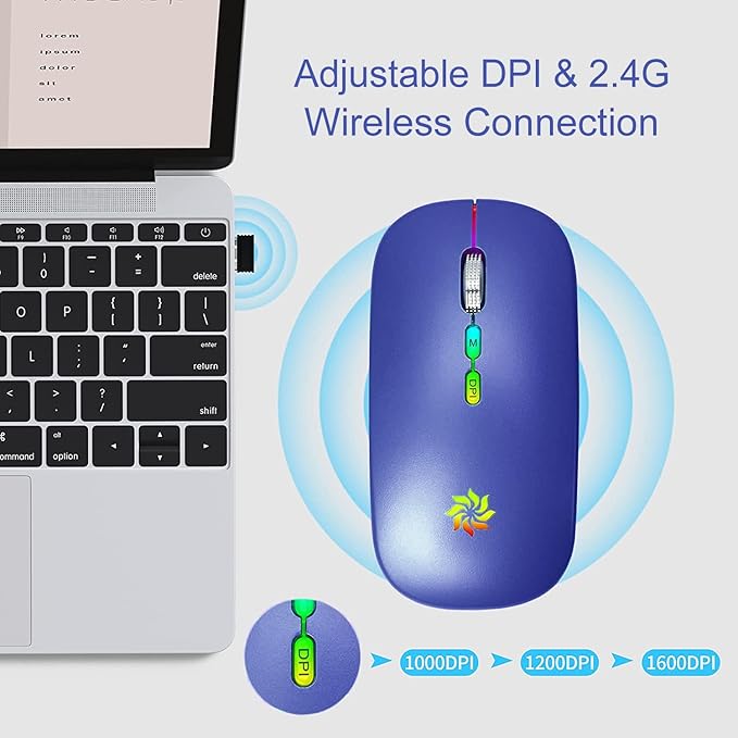 KBCASE Wireless Mouse, LED Wireless Mouse for Laptop, Slim Silent Mouse 2.4G Rechargeable Wireless Computer Mouse for Laptop, MacBook, iPad, Chromebook, with USB & Type-c Receiver