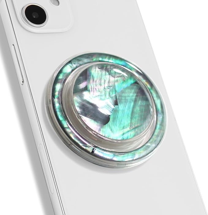 On The Grip Magnetic Phone Grip for MagSafe, Genuine Natural Crystal & Seashell Stone, Swappable Top, Strong Magnet Holder & Kickstand for iPhone 15 14 13 12 Pro Max Plus & MagSafe Cases (Blue Green)