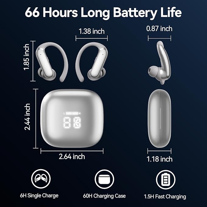 Sport Earbuds with Ear Hook 66hrs Playtime with LED Display Case, Wireless Bluetooth 6.0, Sports Over The Ear Earbuds, IPX4 Gym Workout Running Headphones, Deep Bass & Stereo Sound.