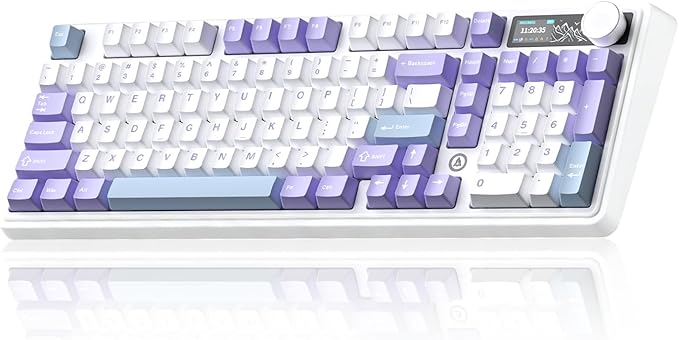 AK980 97Keys Tri-Mode Full Mechanical Keyboard, Gasket-Mounted, Hot-Swappable, 1.14” TFT Smart Display, Bluetooth 5.1/2.4G Wireless/Wired, PBT Keycaps RGB Backlit (Purple, Qingyun Tactile Switch)
