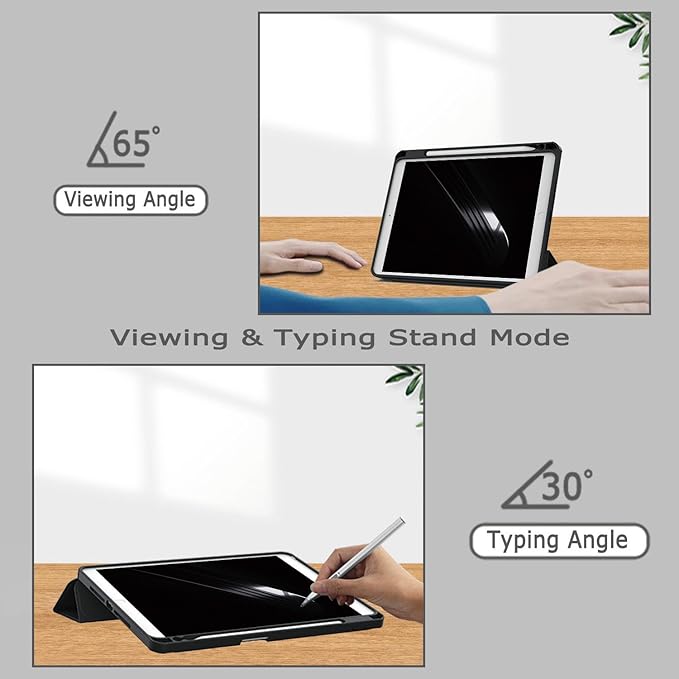 Case for iPad 9th / 8th / 7th Generation (2021/2020 / 2019), for iPad 10.2 Inch Protetive Case with Pencil Holder, Stand Tablet Clear Back Cover, Auto Sleep/Wake - Black