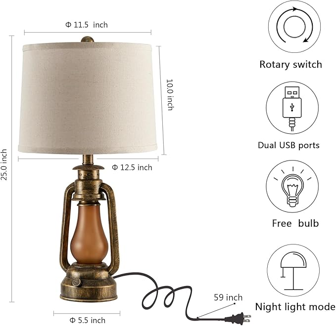 25" Set of 2 Rustic Lantern Table Lamps for Living Room Bedroom, 2 USB Ports Farmhouse Vintage Bedside Desk Lamp Nightlight for Entryway Office End Table, 4 Bulbs Included