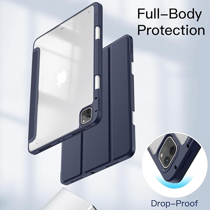 JETech Case ONLY for iPad Pro 11 Inch (2022/2021/2020/2018) with Pencil Holder, Clear Transparent Back Shell Slim Stand Shockproof Tablet Cover, Auto Wake/Sleep (Deep Navy)
