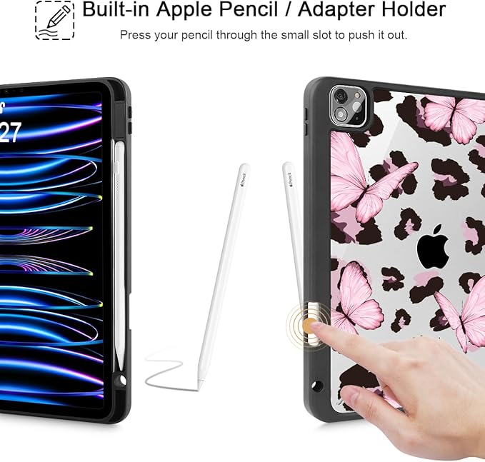 Mektron Case for iPad Pro 11 inch (4th, 3rd, 2nd & 1st Gen) 2022 2021 2020 2018, Buit in Pencil Holder with Shockproof Cover Clear Shell + Auto Wake/Sleep, Leopard Pink Butterfly