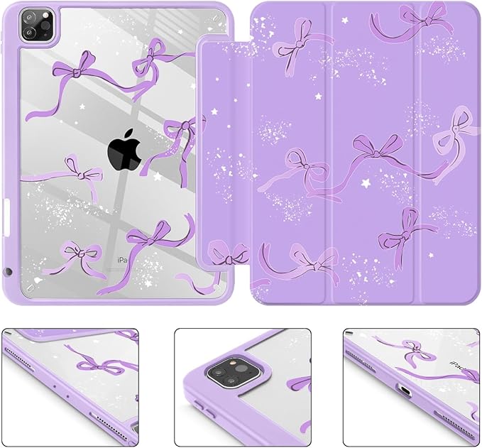 Tuiklol for iPad Pro 12.9 Inch 6th/5th/4th/3rd Generation 2022 2021 2020 2018 Case,Built-in Pencil Holder Clear Transparent Protective Back Shell Cover with Auto Sleep/Wake, Bow-Purple