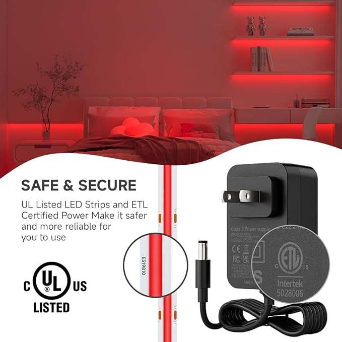 BTF-LIGHTING COB LED Strip Light 24V 16.4FT UL Listed, Red Color Dimmable High Density Flexible Tape Light with RF Remote & ETL Power Adapter, Ultra Bright for Bedroom Kitchen Home Indoor Lighting