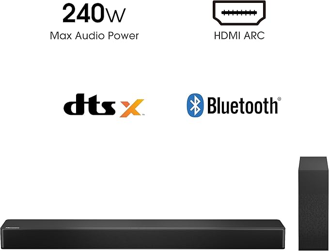 Hisense HS2100 2.1 Ch 240W Sound Bar with Wireless Subwoofer - DTS Virtual X, Dolby Audio, Ezplay, 6 EQ Modes, HDMI ARC, Bluetooth 5.3