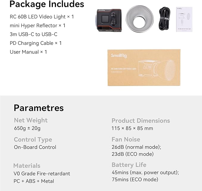 SmallRig RC 60B COB Video Light, 49Wh Battery 45min Runtime, 63W 11200lux CRI 97+ Bicolor LED Video Light, Portable Palm-Sized Continuous Output Light, for Photography/Video/Studio, Lite Edition