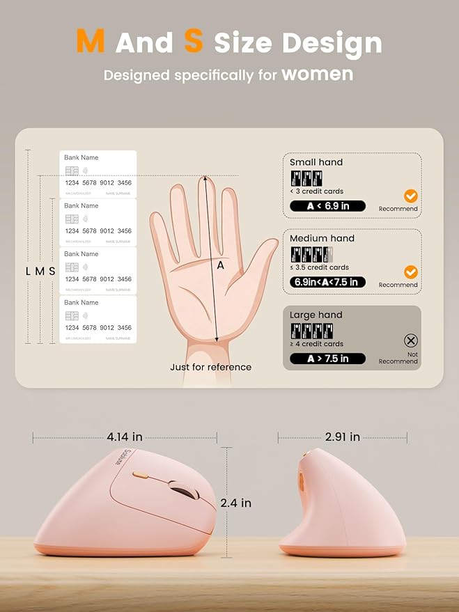 SABLUTE MAM3 Ergonomic Mouse, Rechargeable Wireless Vertical Mouse with 4 Adjustable DPI for Small/Medium Hands, Dual-Device Connectivity for Computer/PC/Laptop,Bluetooth Mouse for Window,Mac OS,Pink