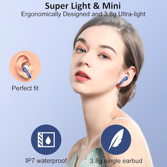Wireless Earbud Bluetooth 5.4 Headphones, Hi-Fi Stereo Ear Buds with 4 ENC Cancelling Mics, 40H in-Ear Earphones IP7 Waterproof Sports, LED Display, Mini Headset for Laptop Pad TV Phones, Deep Blue