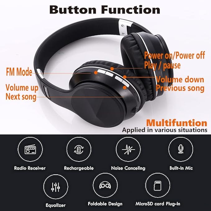 Active Noise Cancelling Headphones, Wireless Over Ear Bluetooth Headphones with Microphone Foldable Headphone with HiFi Audio Deep Bass for Home Travel Office Orange