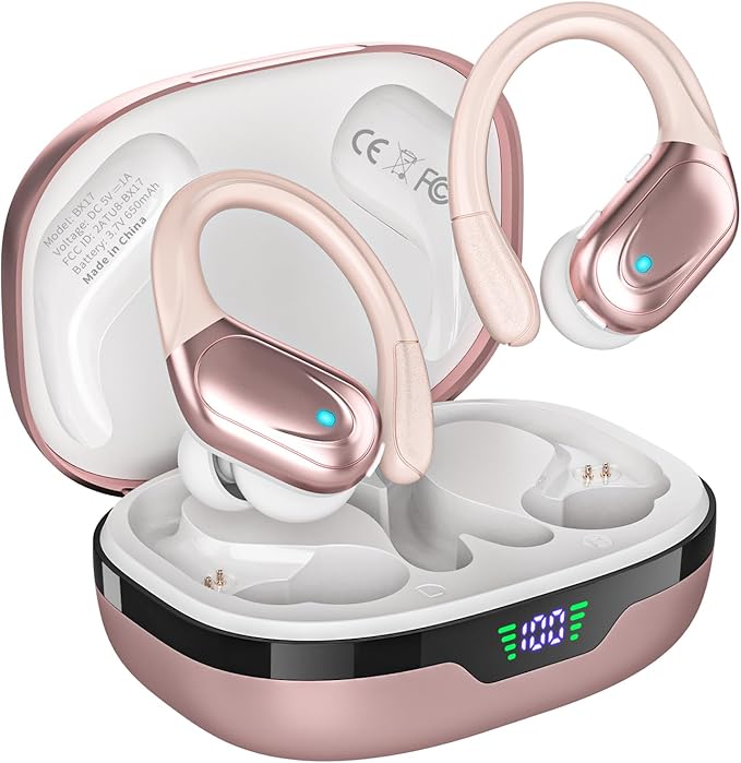 HAOYUYAN Wireless Earbuds, Sports Bluetooth Headphones, 80Hrs Playtime Ear Buds with LED Power Display, Noise Canceling Headset, IPX7 Waterproof Earphones for Workout/Running (Rose Gold)