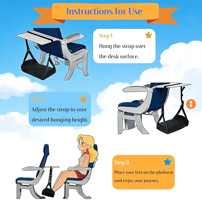 Foot Hammock for Plane Travel - Portable Adjustable Airplane Foot Hammock with Memory Foam - Hardboard, Prevents Feet Clashing, Relieves Swelling - Travel, Office Essentials