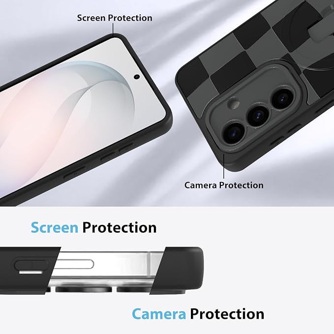 KANGHAR Compatible with Samsung Galaxy S26 Case, Support for MagSafe, Silicone Checkered Cute Pattern, Wristband Kickstand Camera Protection Soft Slim Cover for Girls Women -Black
