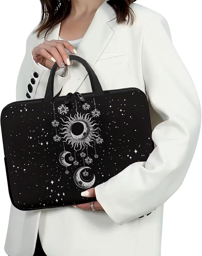Sun Moon Stars Laptop Sleeve Case for Women Protective Soft Padded Zipper Cover Carrying Computer Bag Compatible with 13 Inch Notebook Chromebook Tablet, Galaxy Space, Black