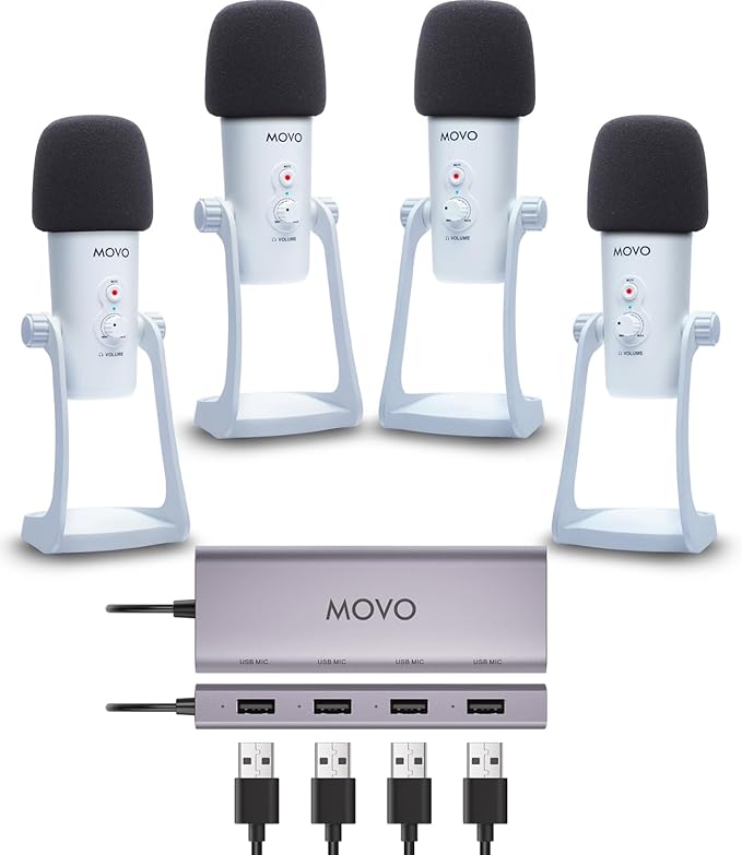 Movo USB Podcast Equipment Bundle for 4 – USB Interface with 4 UM700 Condenser Microphones – 4-Port Powered Hub for Streaming, Podcasting, Interviews (White)