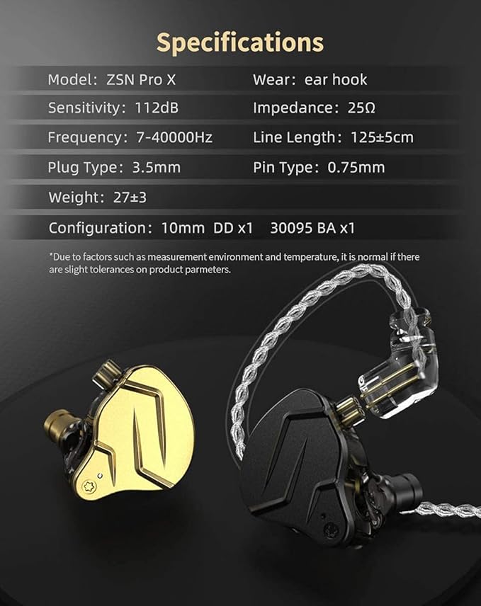 KZ ZSN PRO X HiFi in Ear Monitor IEM Headphones, 1BA 1DD Earbud Headphone Dual Driver Drummer Musician Earphone Stereo Headset with Removable C Pin Cable for Church (NO Mic, Dark Black)……
