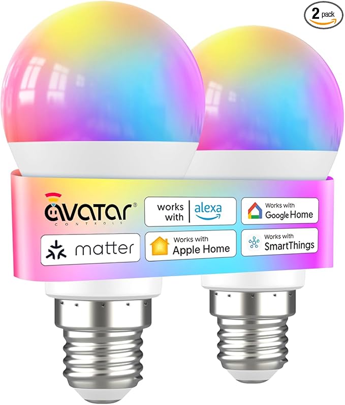 Avatar Controls Matter Smart Light Bulb Compatible with Apple HomeKit/Alexa/Google Home, 9W 2 Pack Color Changing Alexa LED Light Bulbs, Voice/App Controlled Dimmable WiFi Lighting for Room