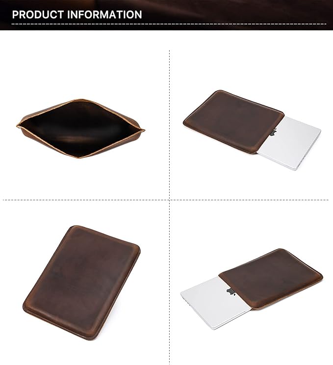 Top Grain Leather 14.2" PC Sleeve Case, Vintage Fit Design, Handmade, Compatible with MacBook Pro 14" 2021 M1 A2442 & Old Versioned 13-13.3 Inch MacBook Pro/Air, Coffee 14.2 Inch