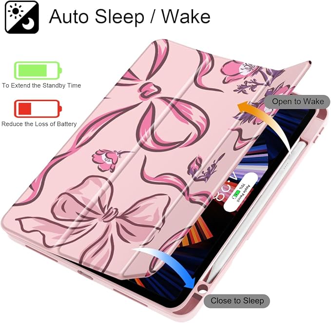 Mektron Case for iPad Pro 11 inch (4th, 3rd, 2nd & 1st Gen) 2022 2021 2020 2018, Buit in Pencil Holder with Shockproof Cover Clear Shell + Auto Wake/Sleep, Flowers-Bows-Pink