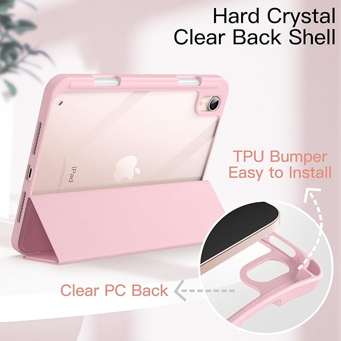 JETech Case for iPad mini (A17 Pro, 2024 Model, 7th Generation) / mini 6 (2021 Model, 6th Generation) with Pencil Holder, Clear Back Shell Stand Shockproof Tablet Cover, Auto Wake/Sleep (Pink)