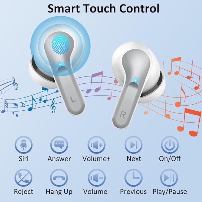 Wireless Earbud Bluetooth 5.3 Headphones, Hi-Fi Stereo Ear Buds with 4 ENC Cancelling Mics, 40H in-Ear Earphones IP7 Waterproof Sports, LED Display, Mini Headset for Laptop Pad TV Android/iOS, Grey