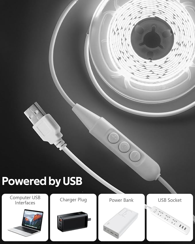Aclorol 5V COB LED Strip Lights 13.12ft Dimmable LED Tape Light with 1.5M USB Cable 6000K Cold White Dotless LED Strip for Mirror 3D Printer TV Backlight Under Cabinet Lighting Projects 320LEDs/M