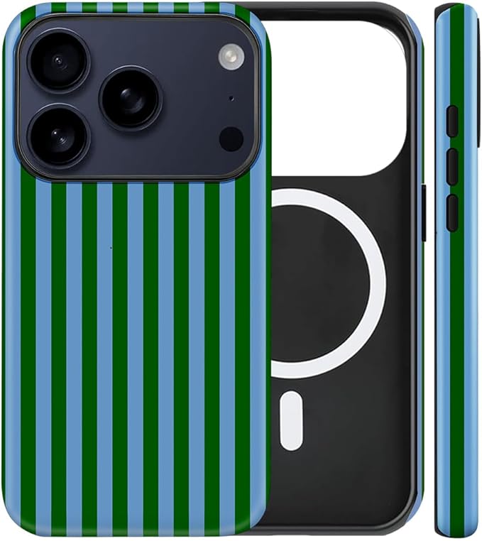 Magnetic for iPhone 17 Pro Max Case Cute Stripes Phone Case, Shockproof Slim TPU and Hard PC Protective Phone Cover Compatible with MagSafe Designed for Women Girls, Green and Blue