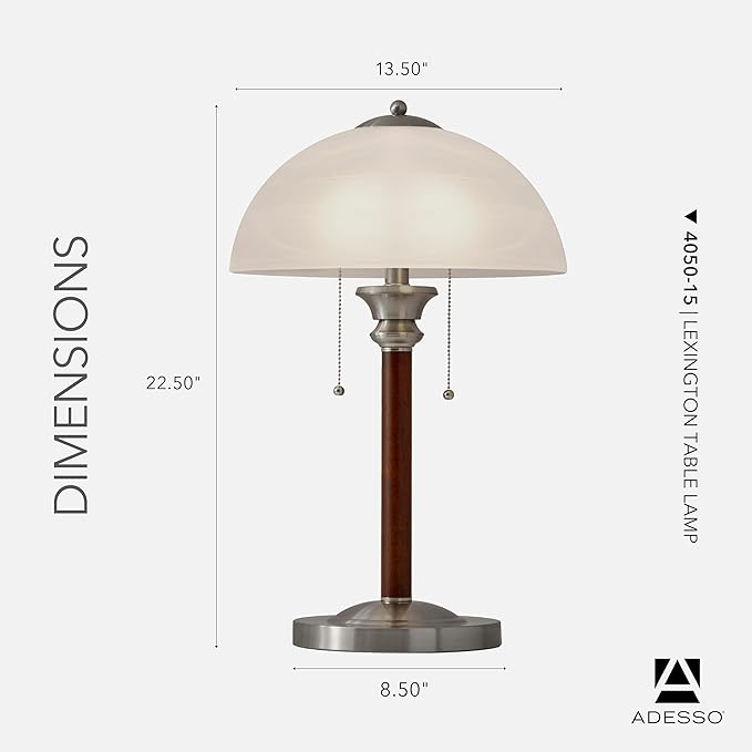 Adesso Table Lamp with Dual Pull Chains, Walnut Rubberwood Finish, Frosted Glass Shade – Bedside Table, Home Office Lighting, or Living Room Decor, 22.5” x 13.5”