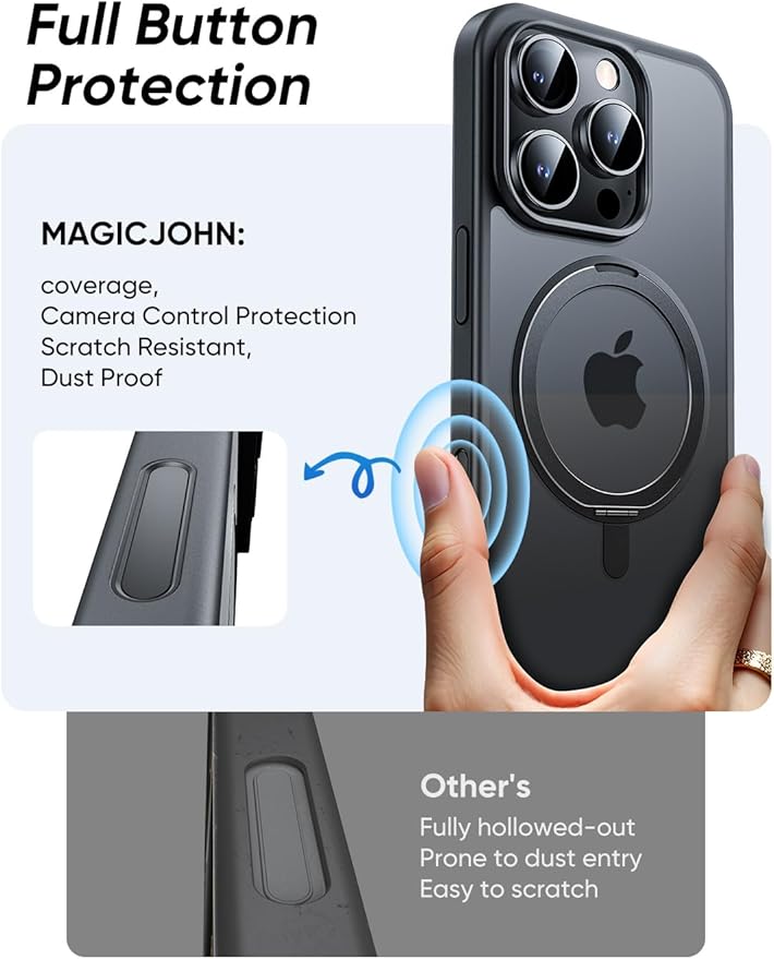 MAGIC JOHN 360° Rotatable Magnetic Invisible Stand for iPhone 16 Pro Case [Camera Control Button] [Compatible with MagSafe] 16FT Shockproof for iPhone 16 Pro Case with Kickstand, Black