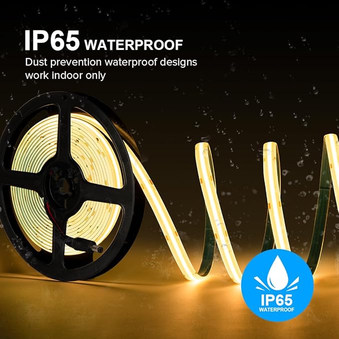 16.4FT COB Strip Lights Dimmable DC 12V 2700K Warm White IP65 Waterproof LED Strip, 480LEDs/m Adhesive Flexible Cuttable Strip Lights for DIY Home Decor Shelf Cabinet (No Adapter or Controller)