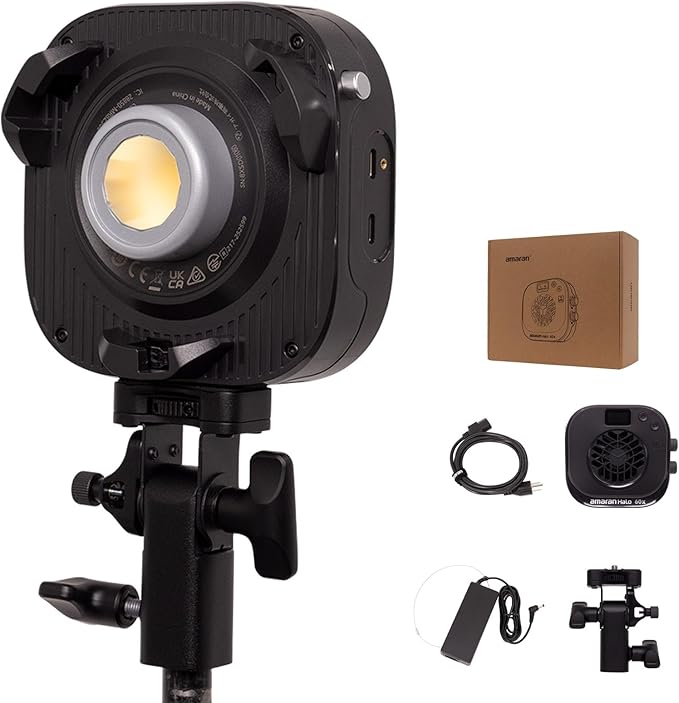Amaran Halo 60x 63W Bi-Color COB Monolight – 3,270 Lux, CRI 96+, CCT 2,700K - 6,500K, 28dBA Quiet,Dual AC/USB-C Power, App Control, Bowens Mount Continuous Light for Studio/Streaming/Location Shooting