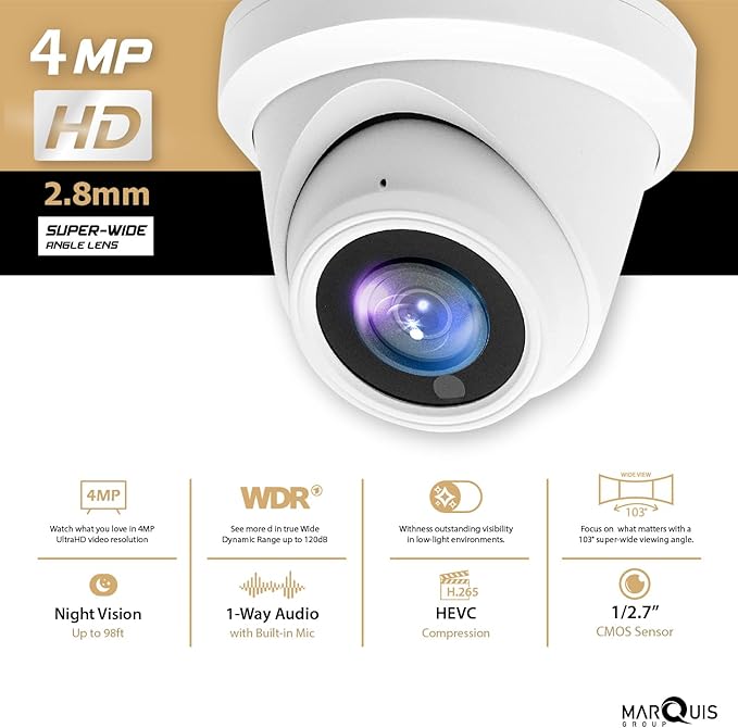 Marquis 4MP PoE IP Turret Camera SonyStarvis Sensor with Microphone, Audio, IP Security Camera Outdoor Night Vision 98ft Weatherproof IP67 Outdoor Compliant Wide Angle 2.8mm