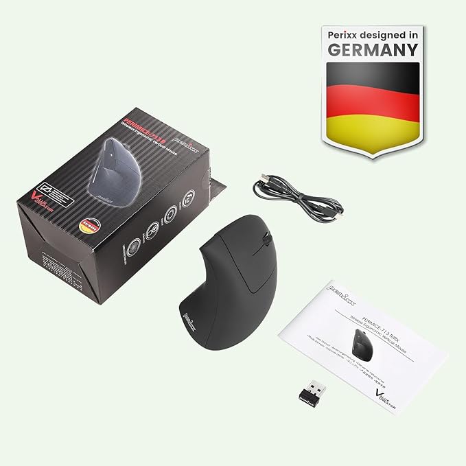 Perixx PERIMICE-713R Wireless Rechargeable Vertical Mouse - Duo Wired and Wireless Charging Feature - 6 Buttons Design - Black - Right-Handed Design